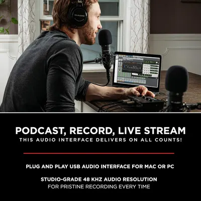 Demonstrates the versatility of the audio interface by showing it can be used for podcasting, recording, and live streaming, helping shoppers understand the multiple use cases. Highlights two key…
