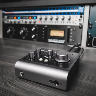 Shows the audio interface in a real-world professional studio setting with rack-mounted equipment in the background to demonstrate its intended use context and appeal to audio professionals.