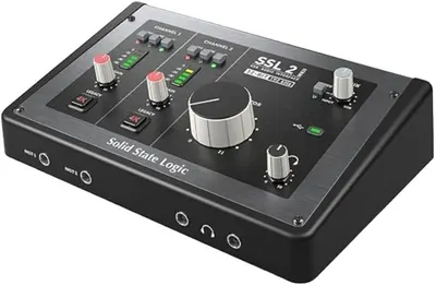 Shows the detailed control panel and interface of the SSL 2 audio interface, allowing shoppers to understand the layout of knobs, buttons, LED indicators, and connection ports.