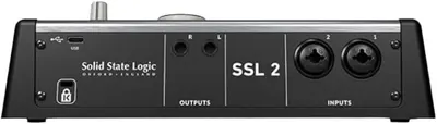 Shows the physical layout and connection points of the SSL 2 audio interface, helping shoppers understand where to plug in cables and devices.