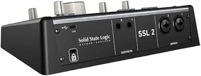 Shows the various ports and connections on the audio interface to help shoppers understand the connectivity options and how to set up the device.