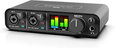This image showcases the front panel layout and key functional components of the audio interface, helping shoppers understand the input/output configuration and control features available.