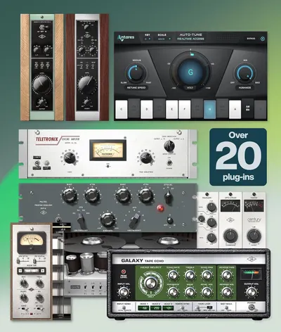 Shows the variety and quantity of audio plug-ins included with the product to demonstrate value and versatility for music production.