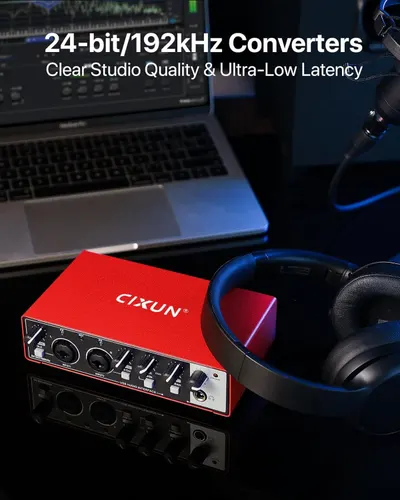 Communicates the high-quality audio conversion specifications of the audio interface to reassure musicians and producers that it delivers professional studio-grade sound with minimal delay.