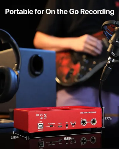 Communicates that the USB audio interface is compact and portable, making it ideal for on-the-go recording in various settings. Shows the exact physical dimensions of the audio interface to help…