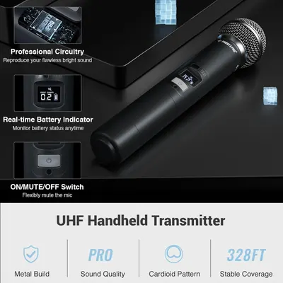 Showcases multiple key features of the wireless microphone including professional audio circuitry, battery monitoring, mute controls, and technical specifications to demonstrate the product's…