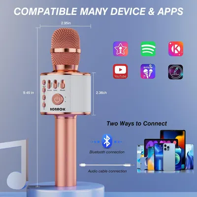 Demonstrates that the karaoke microphone is compatible with multiple popular apps like Spotify, YouTube, and Smule, and can connect to various devices via Bluetooth or audio cable. Shows the exact…
