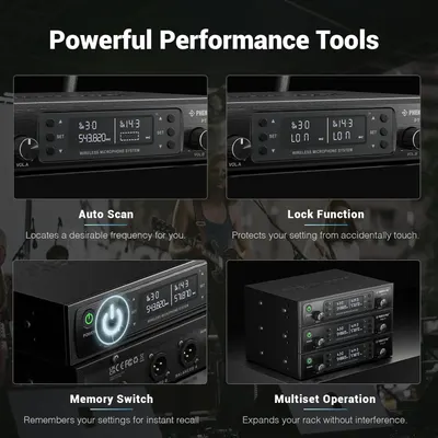 Showcases four distinct performance features of the wireless microphone system to demonstrate its professional capabilities and ease of use.