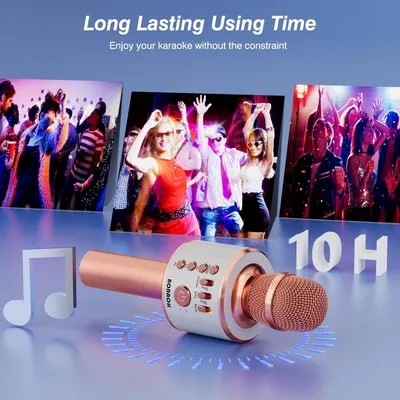 Communicates that the karaoke microphone has a 10-hour battery life, allowing users to enjoy extended karaoke sessions without interruption.