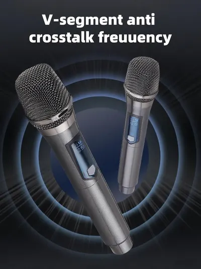 Communicates that the wireless microphones use V-segment anti crosstalk frequency technology to prevent interference between multiple microphones, reassuring buyers of clear audio quality.
