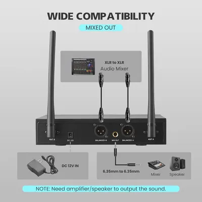 Demonstrates the product's compatibility with various audio equipment including XLR audio mixers, power adapters, and standard audio outputs to reassure buyers it will work with their existing setup.