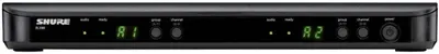 Shows the front panel interface of the Shure receiver with labeled controls and digital displays to help users understand the device's operational features and button layout.