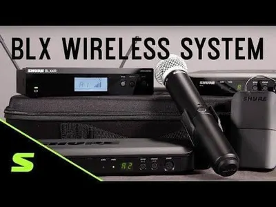 Shows all the components included in the BLX wireless system package, helping shoppers understand what they receive with their purchase.