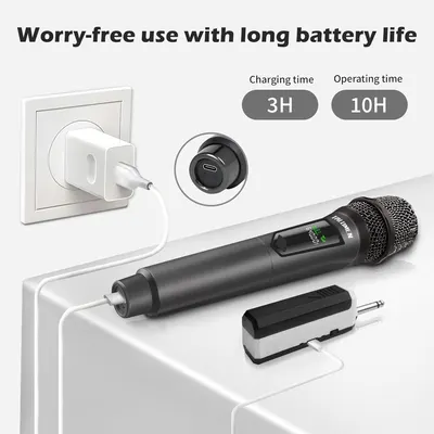 Communicates the convenience of extended battery performance with quick 3-hour charging and 10-hour operating time, reassuring shoppers they can use the wireless microphone worry-free.