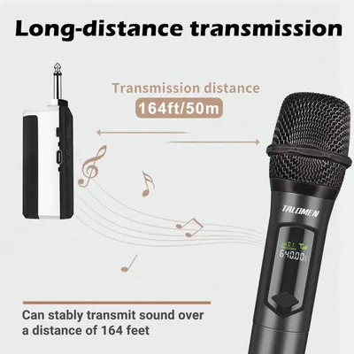 Communicates that the wireless microphone can transmit sound stably over a distance of 164 feet (50 meters), reassuring shoppers about its range and reliability.