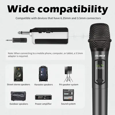 Demonstrates that the wireless microphone is compatible with multiple audio devices including speakers, amplifiers, and sound systems, reassuring shoppers of its versatility across different…