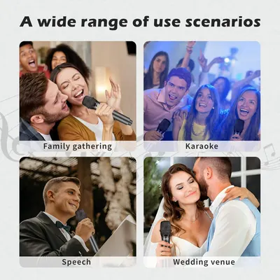 Demonstrates the product's versatility by showing it can be used in multiple scenarios including family gatherings, karaoke parties, speeches, and wedding venues.
