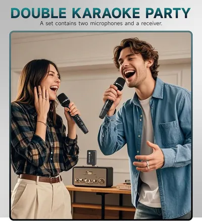Communicates that the karaoke set includes two wireless microphones and a receiver, emphasizing the dual-user capability for parties and group entertainment.