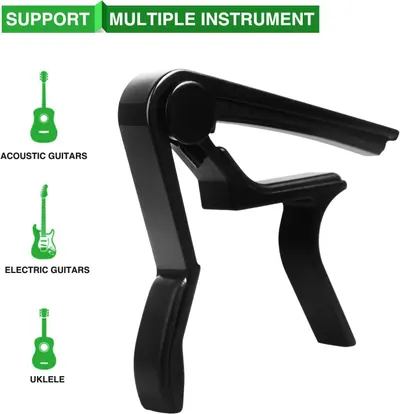 Communicates that the guitar capo is compatible with multiple stringed instruments including acoustic guitars, electric guitars, and ukuleles, helping shoppers understand its versatility across…