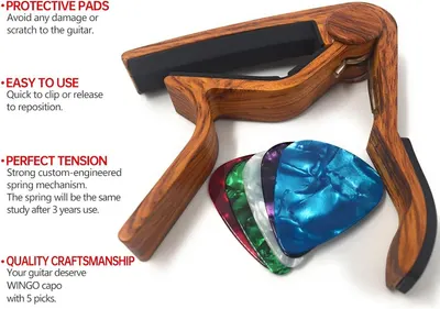 Showcases multiple key features of the guitar capo including protective padding, ease of use, spring tension durability, and quality craftsmanship to demonstrate the product's comprehensive value…