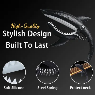 Communicates multiple selling points of the guitar capo including its stylish shark design, durable construction, soft silicone padding, steel spring mechanism, and neck protection to reassure…