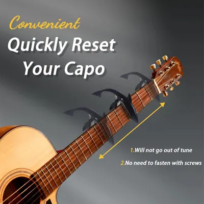 Communicates the convenience of the capo by highlighting two key benefits: it maintains tuning stability and requires no screws for fastening, making it easy and fast to use.