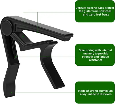 This image breaks down the guitar capo by highlighting specific structural and functional components with callouts, helping shoppers understand the quality materials and protective features built…
