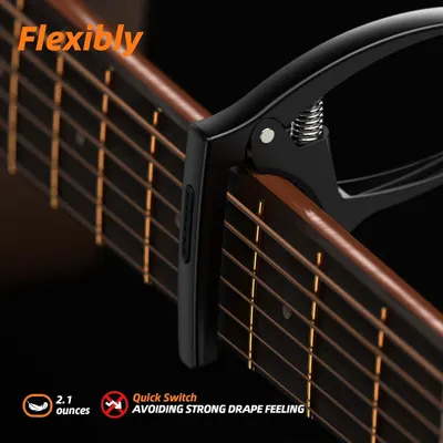Showcases multiple benefits of the guitar capo including its flexible spring-loaded design, ultra-light weight, and quick-switch functionality to avoid strong drape feeling on the fretboard.
