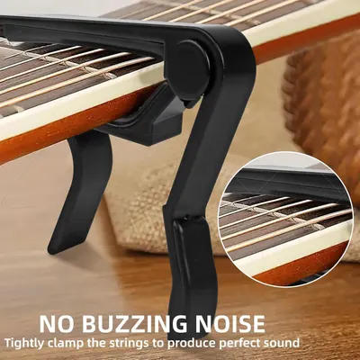 Communicates that the capo tightly clamps guitar strings to eliminate buzzing noise and produce perfect sound quality.