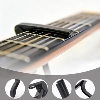 This image breaks down the guitar capo by showing the main product in context on guitar strings, with detailed circular callouts highlighting specific structural parts and angles of the capo…