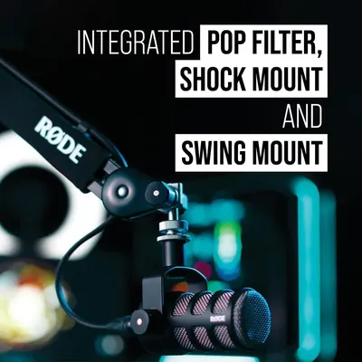 Highlights three integrated features of the microphone setup to show shoppers the comprehensive mounting and filtering capabilities included with the product.