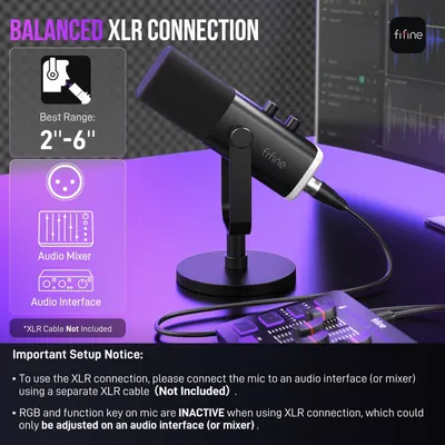 Explains that the microphone features a balanced XLR connection and is compatible with audio mixers and audio interfaces, while clarifying setup requirements and limitations.