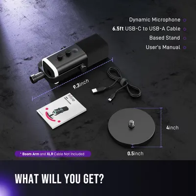 Shows everything the customer receives with their purchase, including the dynamic microphone, USB-C cable, based stand, and user manual, with dimensions provided for key components.