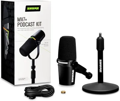 Shows everything included in the MV7+ Podcast Kit purchase, including the microphone, stand, cable, and accessories to help shoppers understand the full value of the bundle.