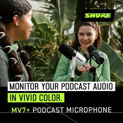 Communicates that the MV7+ podcast microphone allows users to monitor their audio with vivid color visual feedback, emphasizing enhanced audio control and user experience.