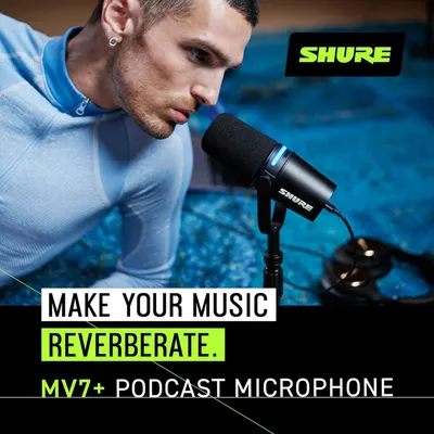 Reinforces the Shure brand identity and emotional positioning with the tagline Make Your Music Reverberate, connecting the product to creative expression and professional audio quality.