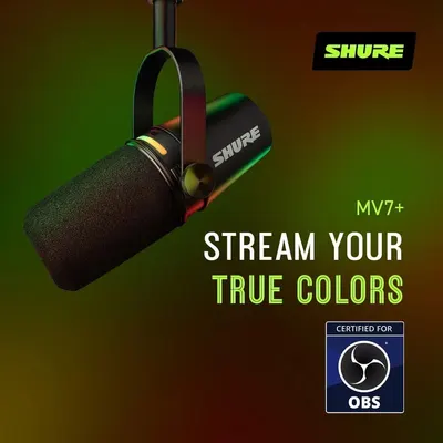 Communicates that the Shure MV7+ microphone delivers authentic, high-quality audio for streaming and is certified for OBS software.
