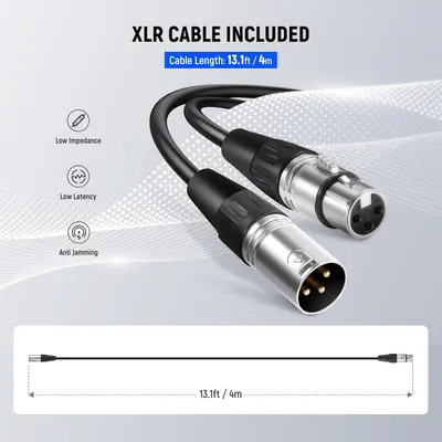 Communicates multiple technical benefits of the included XLR cable to reassure buyers about audio quality and performance while also specifying the cable length. Informs the shopper that an XLR…