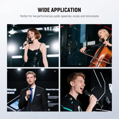 Demonstrates the versatility of the product by showing it being used across multiple professional scenarios including live singing, instrumental performance, public speaking, and studio recording.