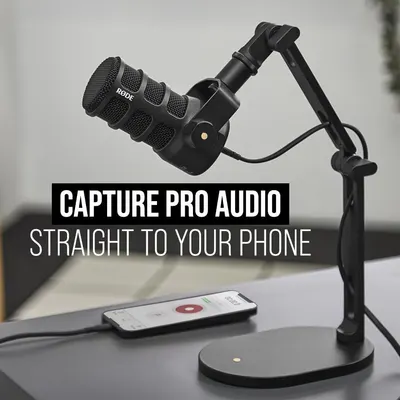Communicates that the microphone can capture professional-quality audio directly to a phone, making it ideal for mobile content creators and podcasters.