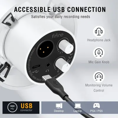 This image breaks down the USB connection panel of the microphone, highlighting key functional components like the headphone jack, mic gain knob, and monitoring volume control to help shoppers…