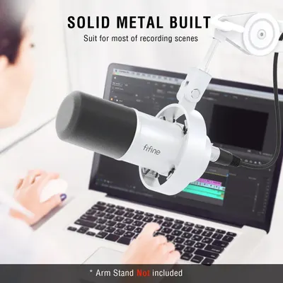 Communicates the durable metal build quality of the microphone to reassure shoppers that it is sturdy and suitable for professional recording environments.