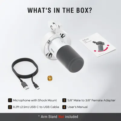 Shows everything included in the box so shoppers know exactly what they will receive with their purchase, including the microphone, shock mount, USB cable, adapter, and user manual.
