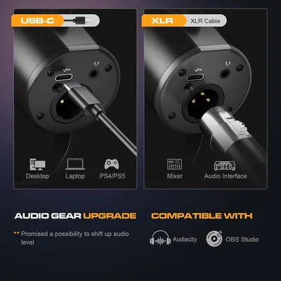 Demonstrates that the product is compatible with multiple connection types (USB-C for desktop, laptop, PS4/PS5 and XLR for mixer and audio interface) and works with popular audio software like…
