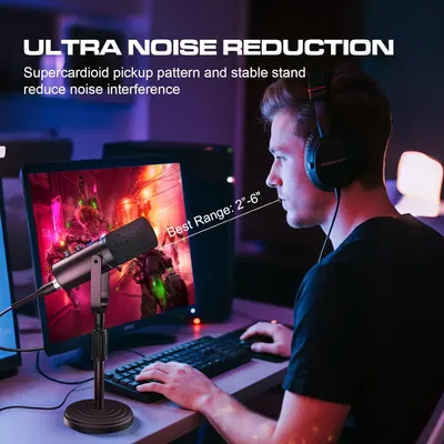 Communicates that the microphone features ultra noise reduction technology with a supercardioid pickup pattern and stable stand to minimize background noise interference during use.