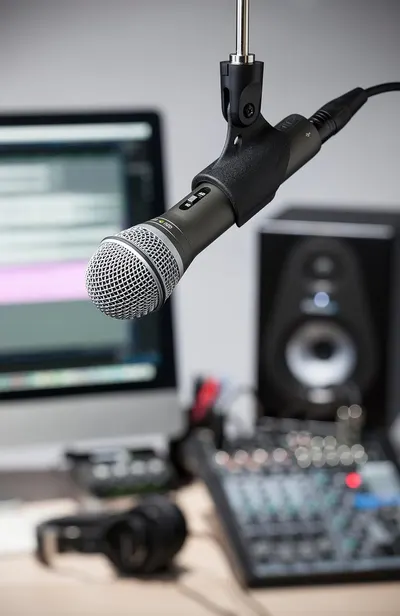 Shows the microphone in a real-world recording studio context with computer, speaker, and audio equipment to help shoppers visualize how the product fits into their workspace.