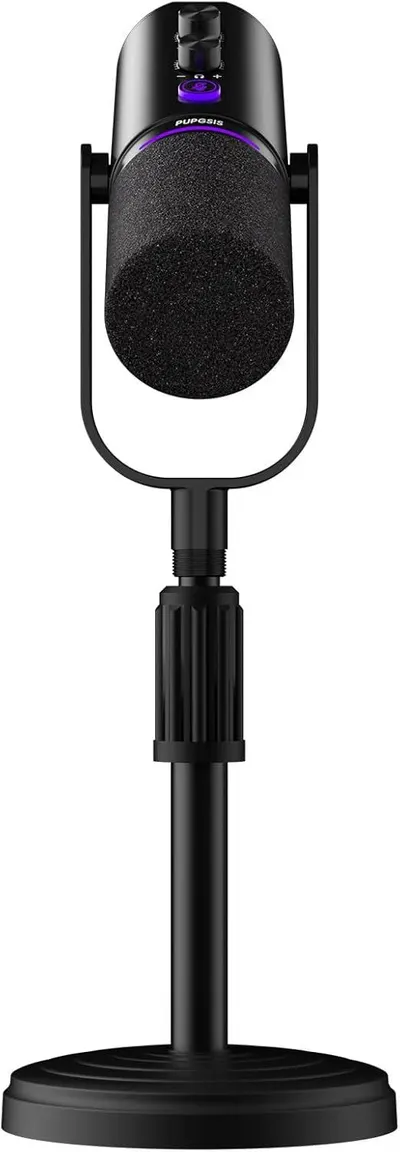 Shows the full microphone setup on a stand to help shoppers visualize the product in a real-world recording or streaming environment.