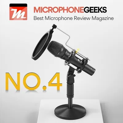 Builds credibility and trust by showcasing that the product was ranked No. 4 by Microphone Geeks, a recognized review magazine in the industry.