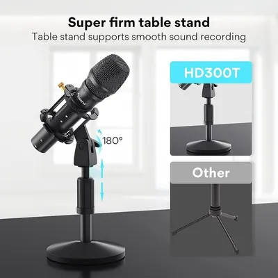 Demonstrates the superiority of the HD300T table stand design compared to a competitor's tripod stand, emphasizing stability and adjustable positioning for smooth sound recording.