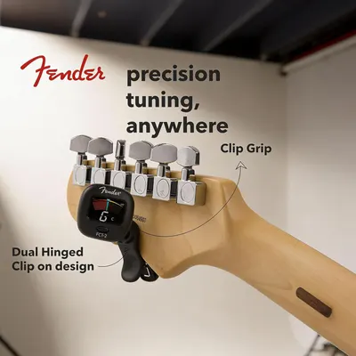Highlights multiple features of the Fender guitar tuner including its clip grip attachment, dual hinged design, and portability for tuning anywhere.